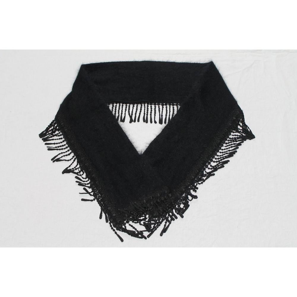 Venesha Black Angora Rabbit Hair Triangle Shawl Wrap Beaded Fringe Korea 70x11